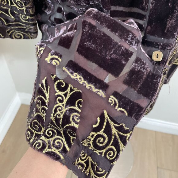 Un Jour Ailleurs Womens 10 Button Up Velvet Burnout Shirt Tunic Top Purple Gold - Picture 12 of 13